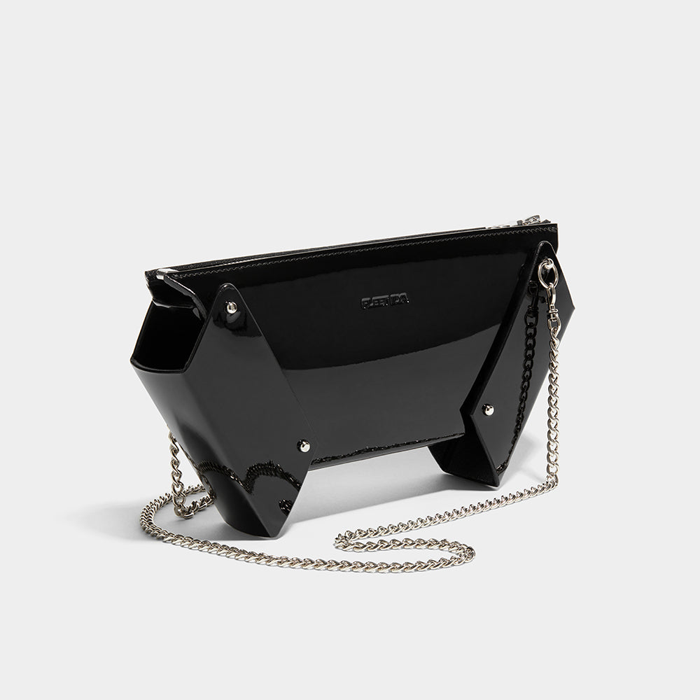 WINGED BOX CLUTCH WITH CHAIN PATENT BLACK