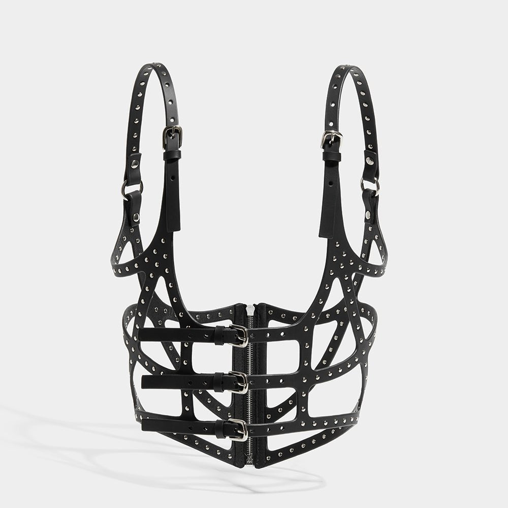 STUDDED ZIP CUT OUT CORSET - BLACK | Harnesses & Bodypieces | Fleet Ilya